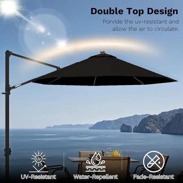 Alt view image 6 of 7 - 10ft Cantilever Patio Umbrella, Round Large Outdoor Umbrella with 360-Degree Rotation, Hanging Offset Market Sun Umbrella, Easy Tilt and Heavy-Duty Frame, for Patio Backyard Garden, Black