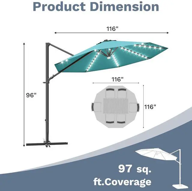 Alt view image 3 of 7 - 10ft Solar LED Patio Umbrella, Round Cantilever Outdoor Umbrella with Solar Lights and 360-Degree Rotation, Large Hanging Offset Market Umbrella with Easy Tilt for Patio Deck Garden,Turquoise