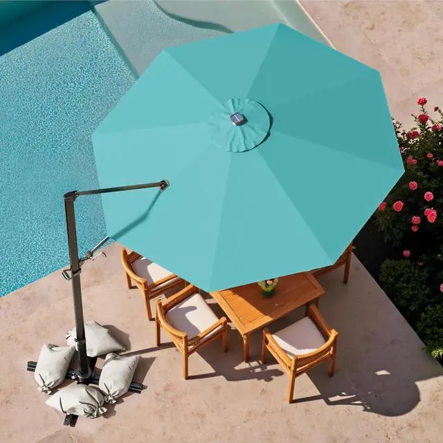 Alt view image 2 of 7 - 10ft Solar LED Patio Umbrella, Round Cantilever Outdoor Umbrella with Solar Lights and 360-Degree Rotation, Large Hanging Offset Market Umbrella with Easy Tilt for Patio Deck Garden,Turquoise
