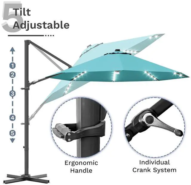 Alt view image 6 of 7 - 10ft Solar LED Patio Umbrella, Round Cantilever Outdoor Umbrella with Solar Lights and 360-Degree Rotation, Large Hanging Offset Market Umbrella with Easy Tilt for Patio Deck Garden,Turquoise