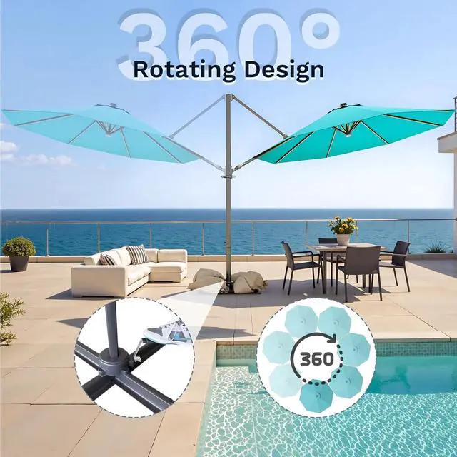 Alt view image 4 of 7 - 10ft Solar LED Patio Umbrella, Round Cantilever Outdoor Umbrella with Solar Lights and 360-Degree Rotation, Large Hanging Offset Market Umbrella with Easy Tilt for Patio Deck Garden,Turquoise