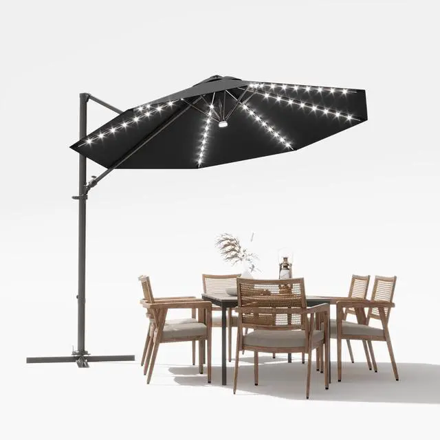 Main image of 10ft Solar LED Patio Umbrella, Round Cantilever Outdoor Umbrella with Solar Lights and 360-Degree Rotation, Large Hanging Offset Market Umbrella with Easy Tilt for Patio Deck Garden,Black