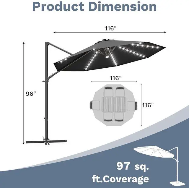 Alt view image 3 of 7 - 10ft Solar LED Patio Umbrella, Round Cantilever Outdoor Umbrella with Solar Lights and 360-Degree Rotation, Large Hanging Offset Market Umbrella with Easy Tilt for Patio Deck Garden,Black