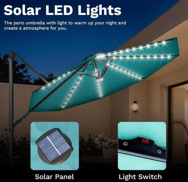 Alt view image 5 of 7 - 10ft Solar LED Patio Umbrella, Round Cantilever Outdoor Umbrella with Solar Lights and 360-Degree Rotation, Large Hanging Offset Market Umbrella with Easy Tilt for Patio Deck Garden,Turquoise
