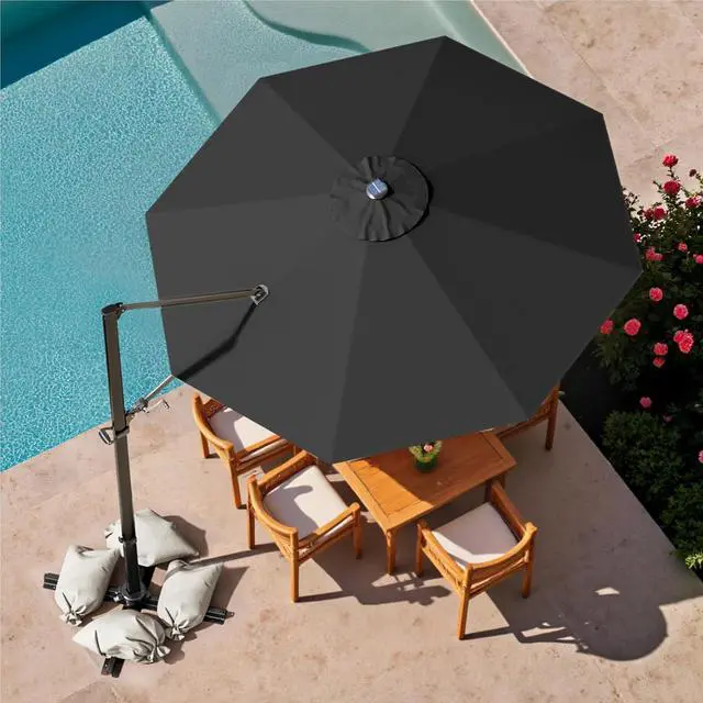 Alt view image 2 of 7 - 10ft Solar LED Patio Umbrella, Round Cantilever Outdoor Umbrella with Solar Lights and 360-Degree Rotation, Large Hanging Offset Market Umbrella with Easy Tilt for Patio Deck Garden,Black