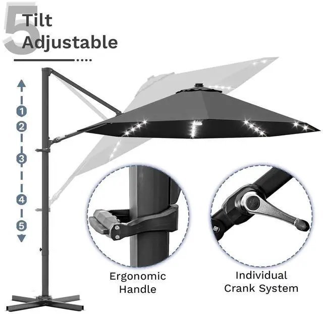 Alt view image 6 of 7 - 10ft Solar LED Patio Umbrella, Round Cantilever Outdoor Umbrella with Solar Lights and 360-Degree Rotation, Large Hanging Offset Market Umbrella with Easy Tilt for Patio Deck Garden,Black