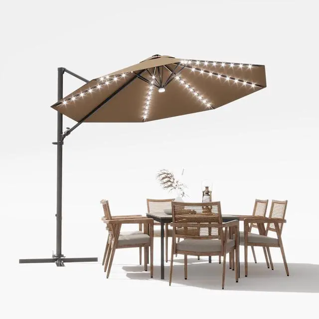 Main image of 10ft Solar LED Patio Umbrella, Round Cantilever Outdoor Umbrella with Solar Lights and 360-Degree Rotation, Large Hanging Offset Market Umbrella with Easy Tilt for Patio Deck Garden,Brown