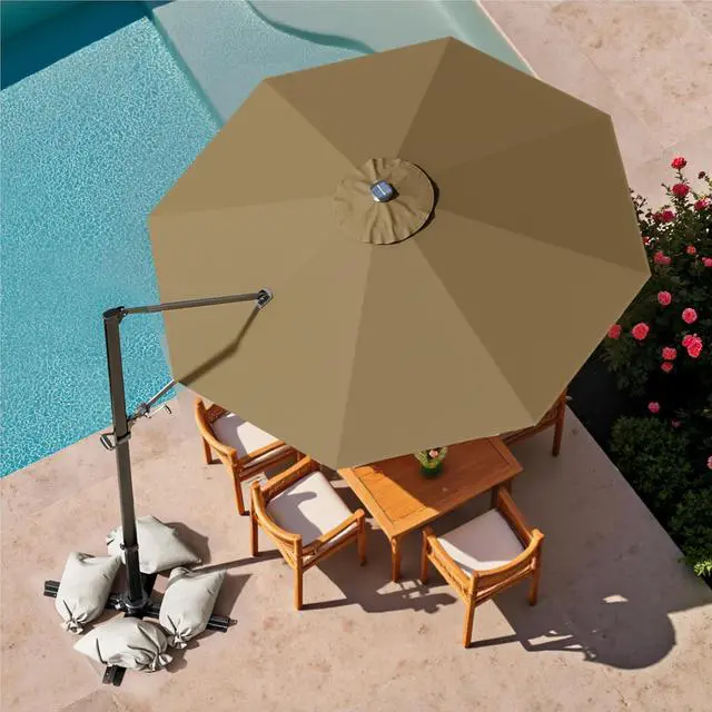 Alt view image 2 of 7 - 10ft Solar LED Patio Umbrella, Round Cantilever Outdoor Umbrella with Solar Lights and 360-Degree Rotation, Large Hanging Offset Market Umbrella with Easy Tilt for Patio Deck Garden,Brown