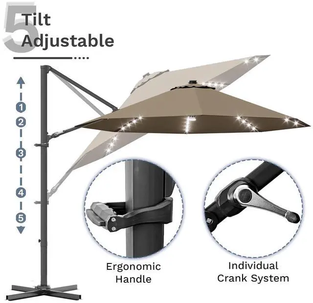Alt view image 6 of 7 - 10ft Solar LED Patio Umbrella, Round Cantilever Outdoor Umbrella with Solar Lights and 360-Degree Rotation, Large Hanging Offset Market Umbrella with Easy Tilt for Patio Deck Garden,Brown