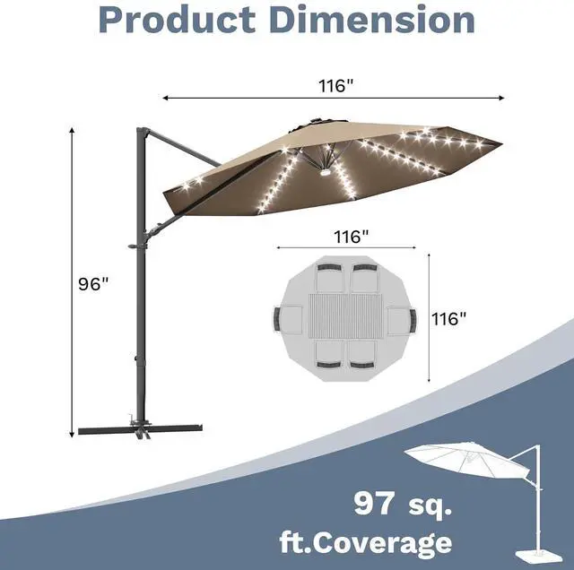 Alt view image 3 of 7 - 10ft Solar LED Patio Umbrella, Round Cantilever Outdoor Umbrella with Solar Lights and 360-Degree Rotation, Large Hanging Offset Market Umbrella with Easy Tilt for Patio Deck Garden,Brown