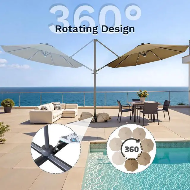 Alt view image 4 of 7 - 10ft Solar LED Patio Umbrella, Round Cantilever Outdoor Umbrella with Solar Lights and 360-Degree Rotation, Large Hanging Offset Market Umbrella with Easy Tilt for Patio Deck Garden,Brown