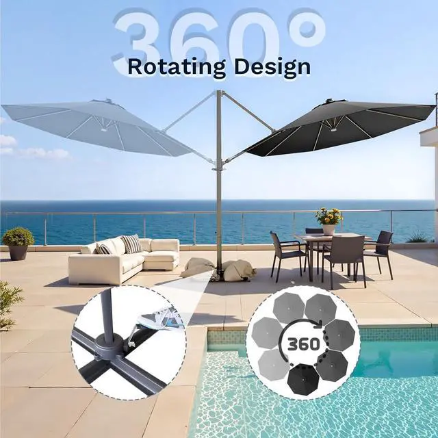 Alt view image 4 of 7 - 10ft Solar LED Patio Umbrella, Round Cantilever Outdoor Umbrella with Solar Lights and 360-Degree Rotation, Large Hanging Offset Market Umbrella with Easy Tilt for Patio Deck Garden,Black