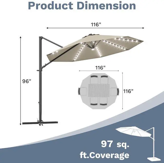 Alt view image 3 of 7 - 10ft Solar LED Patio Umbrella, Round Cantilever Outdoor Umbrella with Solar Lights and 360-Degree Rotation, Large Hanging Offset Market Umbrella with Easy Tilt for Patio Deck Garden,Beige
