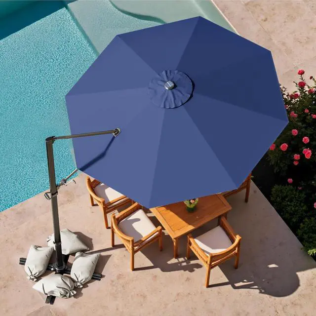 Alt view image 2 of 7 - 10ft Solar LED Patio Umbrella, Round Cantilever Outdoor Umbrella with Solar Lights and 360-Degree Rotation, Large Hanging Offset Market Umbrella with Easy Tilt for Patio Deck Garden, Navy Blue