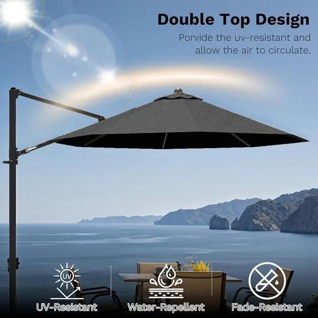 Alt view image 6 of 7 - 10ft Cantilever Patio Umbrella, Round Large Outdoor Umbrella with 360-Degree Rotation, Hanging Offset Market Sun Umbrella, Easy Tilt and Heavy-Duty Frame, for Patio Backyard Garden, Gray