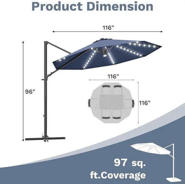 Alt view image 3 of 7 - 10ft Solar LED Patio Umbrella, Round Cantilever Outdoor Umbrella with Solar Lights and 360-Degree Rotation, Large Hanging Offset Market Umbrella with Easy Tilt for Patio Deck Garden, Navy Blue
