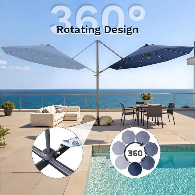 Alt view image 4 of 7 - 10ft Solar LED Patio Umbrella, Round Cantilever Outdoor Umbrella with Solar Lights and 360-Degree Rotation, Large Hanging Offset Market Umbrella with Easy Tilt for Patio Deck Garden, Navy Blue