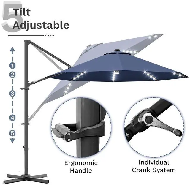 Alt view image 6 of 7 - 10ft Solar LED Patio Umbrella, Round Cantilever Outdoor Umbrella with Solar Lights and 360-Degree Rotation, Large Hanging Offset Market Umbrella with Easy Tilt for Patio Deck Garden, Navy Blue