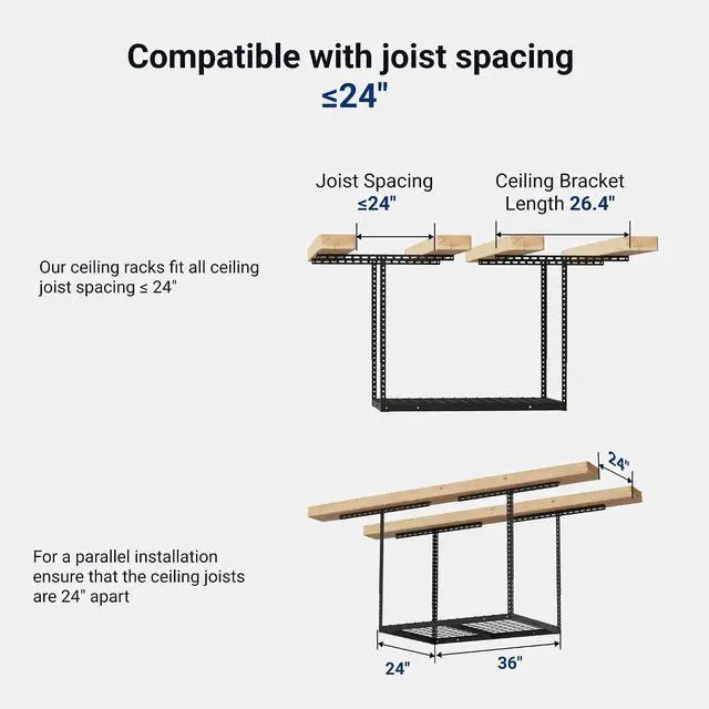 Alt view image 2 of 7 - 2x3 Overhead Garage Storage Rack, Adjustable Organization System, Heavy-Duty Metal Ceiling Racks, 155lbs Weight Capacity, Black, Classic Series