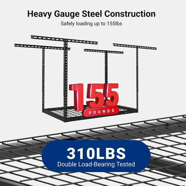 Alt view image 4 of 7 - 2x3 Overhead Garage Storage Rack, Adjustable Organization System, Heavy-Duty Metal Ceiling Racks, 155lbs Weight Capacity, Black, Classic Series