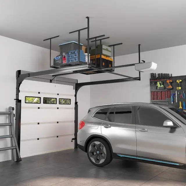 Alt view image 7 of 7 - 2x3 Overhead Garage Storage Rack, Adjustable Organization System, Heavy-Duty Metal Ceiling Racks, 155lbs Weight Capacity, Black, Classic Series