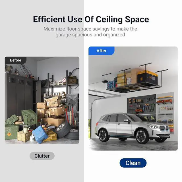Alt view image 4 of 7 - 4x8 Overhead Garage Storage Rack, Adjustable Organization System, Heavy-Duty Metal Ceiling Racks, 2 Pack, Hammertone, Classic Series