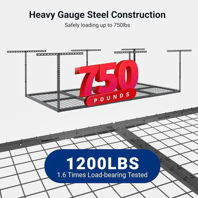 Alt view image 7 of 7 - 4x8 Overhead Garage Storage Rack, Adjustable Organization System, Heavy-Duty Metal Ceiling Racks, 2 Pack, Hammertone, Classic Series