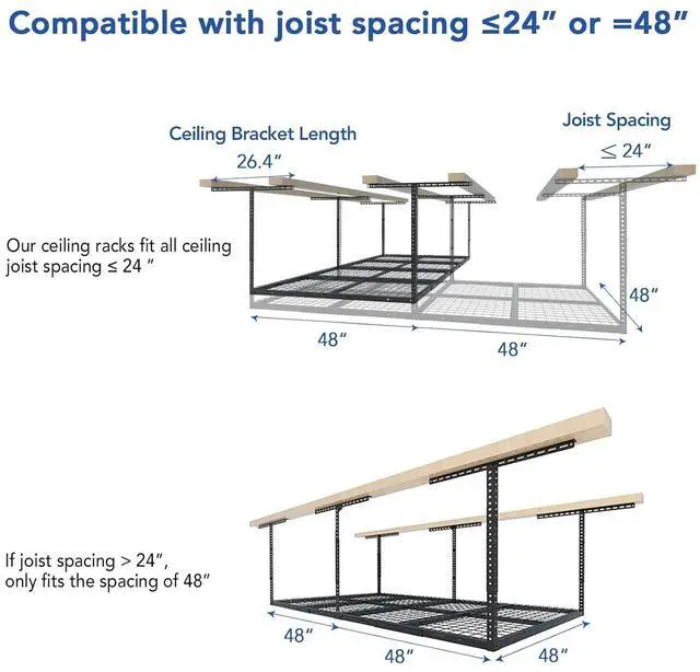 Alt view image 5 of 7 - 4x8 Overhead Garage Storage Rack, Adjustable Organization System, Heavy-Duty Metal Ceiling Racks, 2 Pack, Hammertone, Classic Series