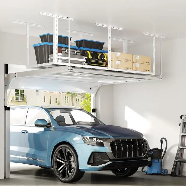 Alt view image 2 of 7 - 3x8 Overhead Garage Ceiling Storage Rack, Adjustable Garage Organization System, Heavy Duty Metal, 750lbs Weight Capacity, White, Classic Series