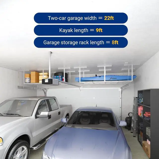 Alt view image 4 of 7 - 3x8 Overhead Garage Ceiling Storage Rack, Adjustable Garage Organization System, Heavy Duty Metal, 750lbs Weight Capacity, White, Classic Series