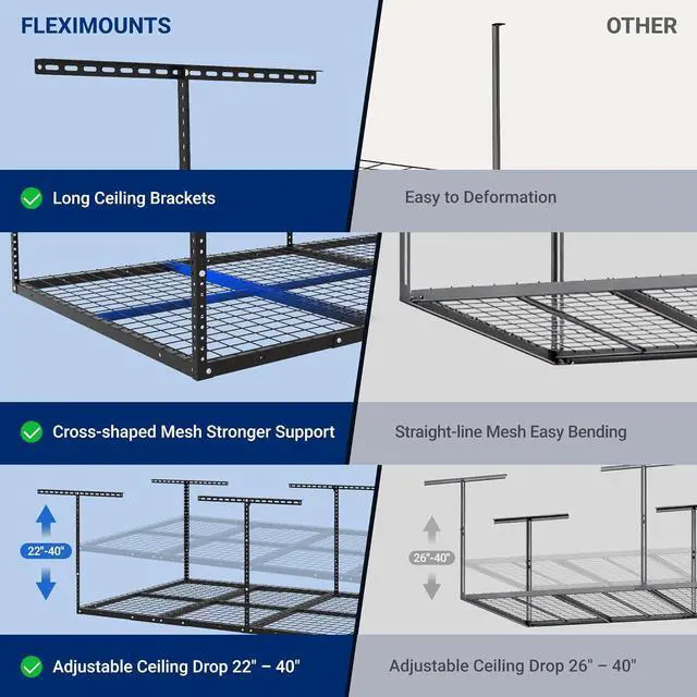 Alt view image 6 of 7 - 4x8 Overhead Garage Storage Rack, Adjustable Organization System, Heavy-Duty Metal Ceiling Racks, 2 Pack, Hammertone, Classic Series