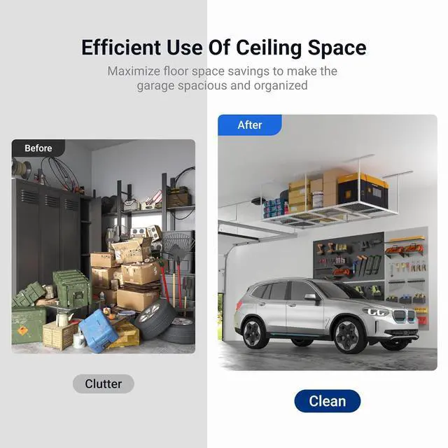 Alt view image 3 of 7 - 4x8 Overhead Garage Storage Rack, Adjustable Organization System, Heavy-Duty Metal Ceiling Racks, 750lbs Weight Capacity, White, Classic Series