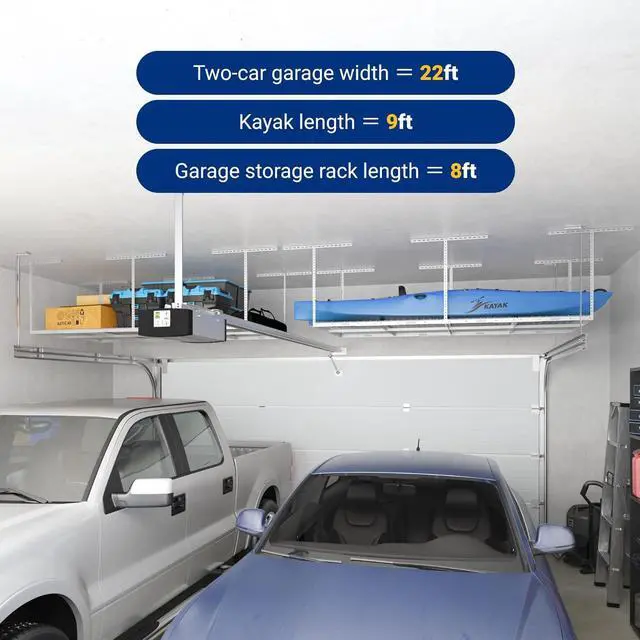 Alt view image 4 of 7 - 4x8 Overhead Garage Storage Rack, Adjustable Organization System, Heavy-Duty Metal Ceiling Racks, 750lbs Weight Capacity, White, Classic Series