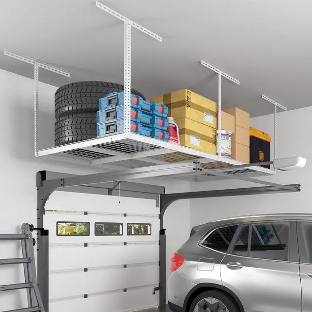 Alt view image 7 of 7 - 4x8 Overhead Garage Storage Rack, Adjustable Organization System, Heavy-Duty Metal Ceiling Racks, 750lbs Weight Capacity, White, Classic Series