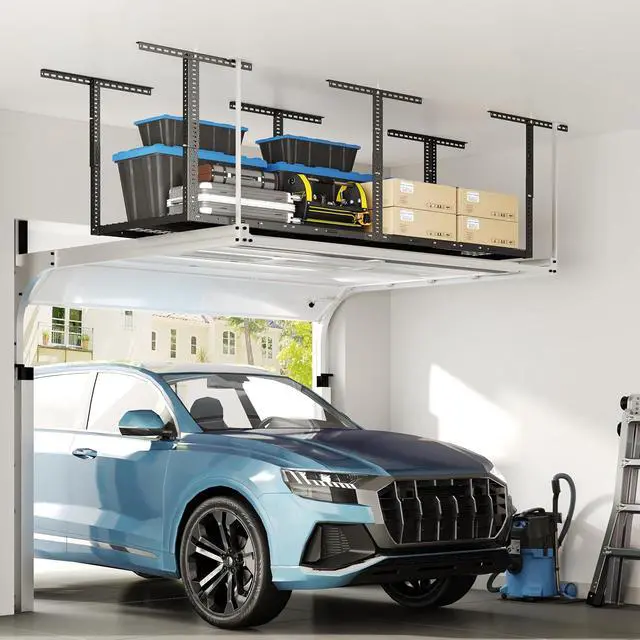 Alt view image 5 of 7 - 3x8 Overhead Garage Ceiling Storage Rack, Adjustable Garage Organization System, Heavy Duty Metal, 750lbs Weight Capacity, Hammertone, Classic Series