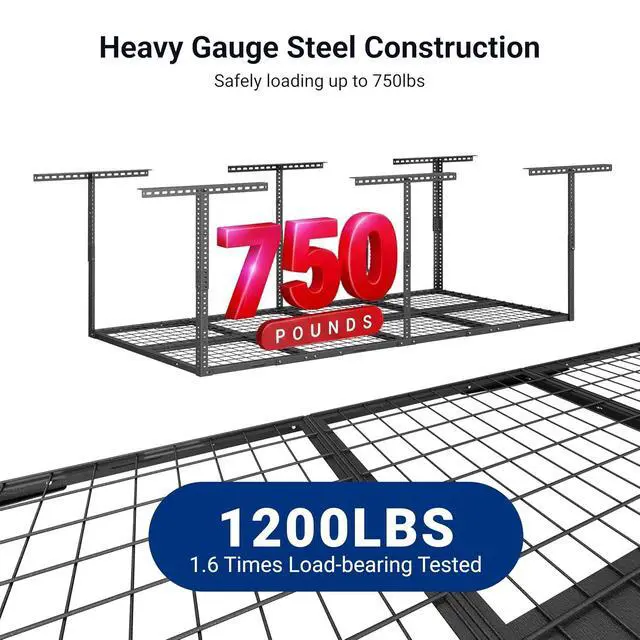 Alt view image 2 of 7 - 3x8 Overhead Garage Ceiling Storage Rack, Adjustable Garage Organization System, Heavy Duty Metal, 750lbs Weight Capacity, Hammertone, Classic Series