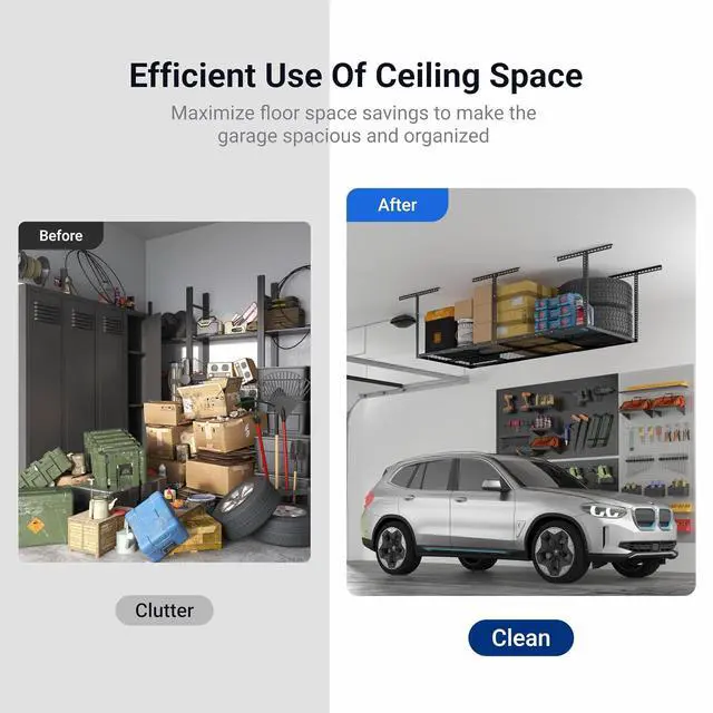 Alt view image 6 of 7 - 3x8 Overhead Garage Ceiling Storage Rack, Adjustable Garage Organization System, Heavy Duty Metal, 750lbs Weight Capacity, Hammertone, Classic Series