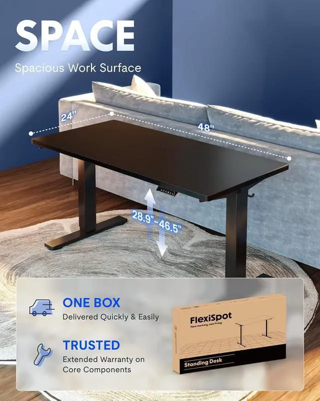 Alt view image 5 of 7 - EN1 One-Piece Standing Desk, Electric Adjustable with 4 Memory Presets, 176 LBS Capacity, Stable & Quiet, Seamless Desktop for Home Office & Dual Monitors, 48"x24" Black
