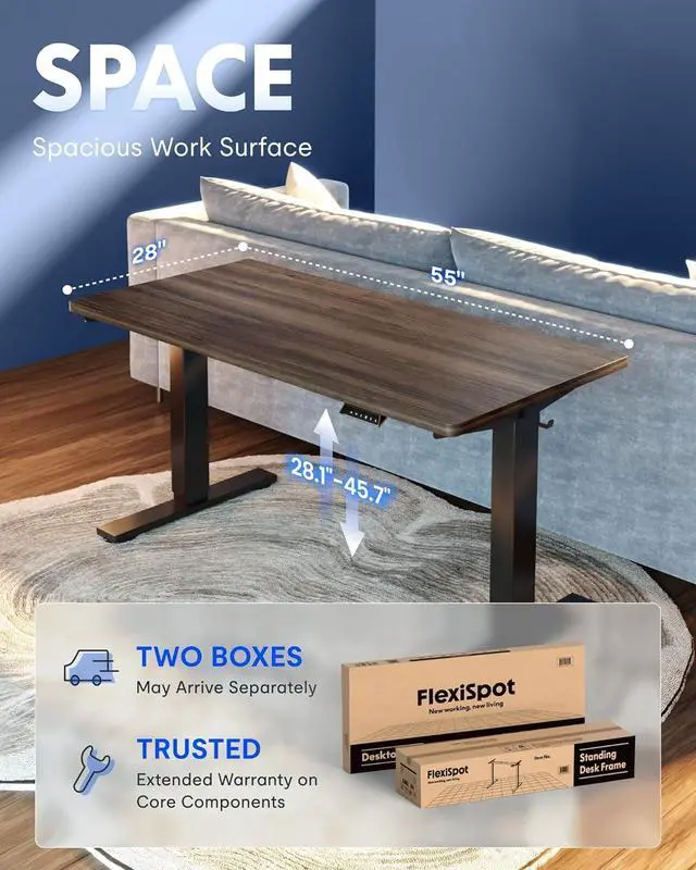 Alt view image 7 of 7 - EN1 One-Piece Standing Desk, Electric Adjustable with 4 Memory Presets, 176 LBS Capacity, Stable & Quiet, Seamless Desktop for Home Office & Dual Monitors, 55"x28" Black Walnut