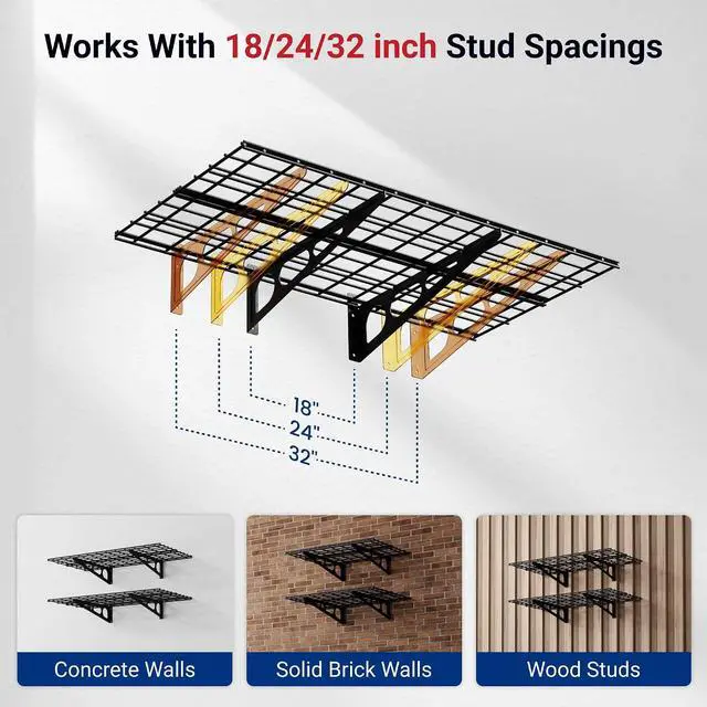 Alt view image 4 of 7 - 2-Pack 2x4ft 24-inch-by-48-inch Wall Shelf Garage Storage Rack Wall Mounted Floating Shelves, Black, Classic Series