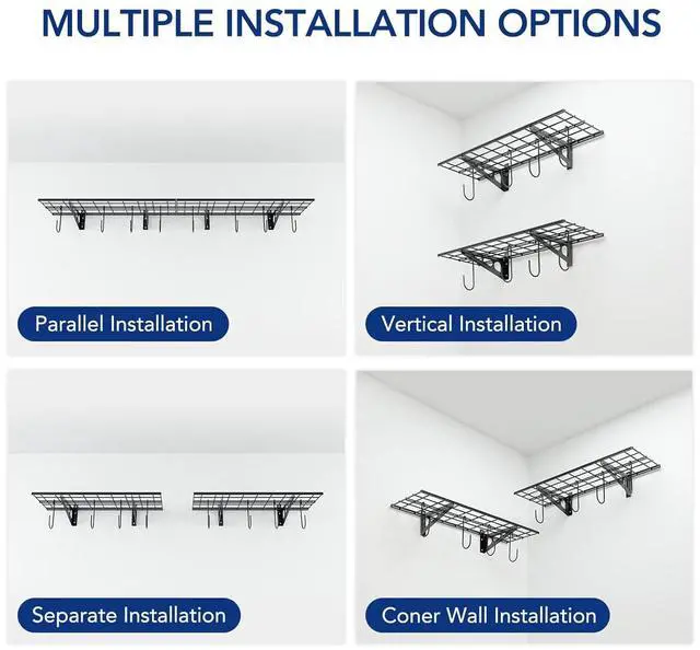 Alt view image 5 of 7 - Garage Wall Shelving, 2-Pack 1x3 ft, Includes 8 Bike Hooks, Wall Shelf Garage Organization System w/Bike Hangers, Storage Rack, Floating Shelves, 300 lbs Weight Capacity, Classic Series
