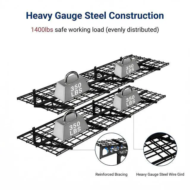 Alt view image 4 of 7 - 2-Pack 2x6ft Garage Shelving with Hooks 24-inch-by-72-inch Wall Shelf Garage Storage Racks Floating Shelves, Black, Classic Series