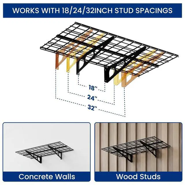 Alt view image 4 of 7 - 2-Pack 2x4ft Garage Shelving with Hooks, 24-inch-by-48-inch Wall Shelf Garage Storage Racks Floating Shelves, Black, Classic Series