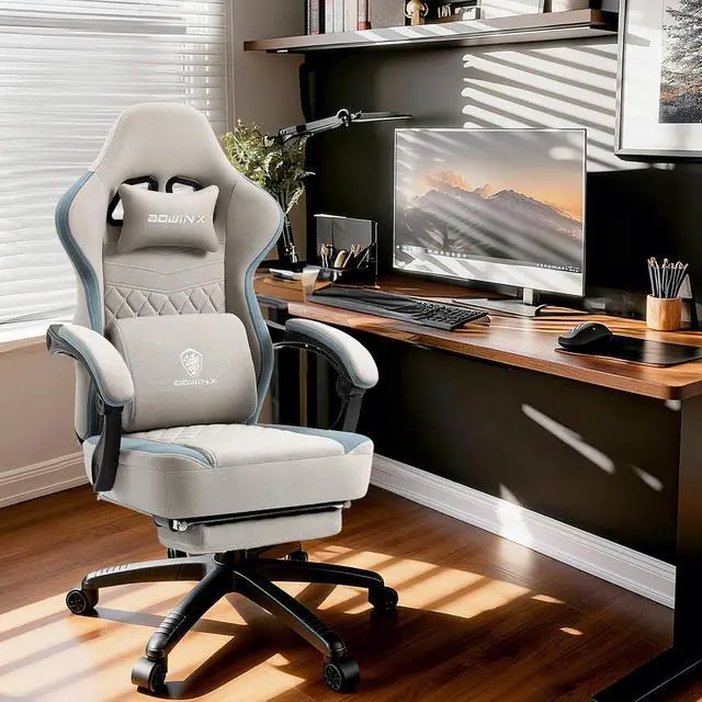 Alt view image 2 of 7 - Dowinx Gaming Chair Breathable Fabric Game Chair with Gel Pad and Storage Bag, Comfortable Gamer Chair with Pocket Spring Cushion,Ergonomic Computer Chair with Footrest,Grey
