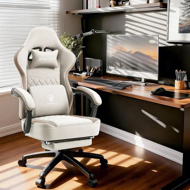 Alt view image 2 of 7 - Dowinx Gaming Chair Breathable Fabric Game Chair with Gel Pad and Storage Bag, Comfortable Gamer Chair with Pocket Spring Cushion,Ergonomic Computer Chair with Footrest,Beige