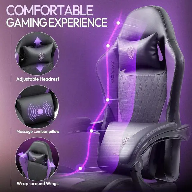 Alt view image 7 of 7 - Dowinx Gaming Chair with Massage Lumbar Support and Footrest, Gaming Chairs for Adults, Ergonomic Computer Chair High Back with Pocket Spring Cushion, Swivel Recliner with Headrest, Purple