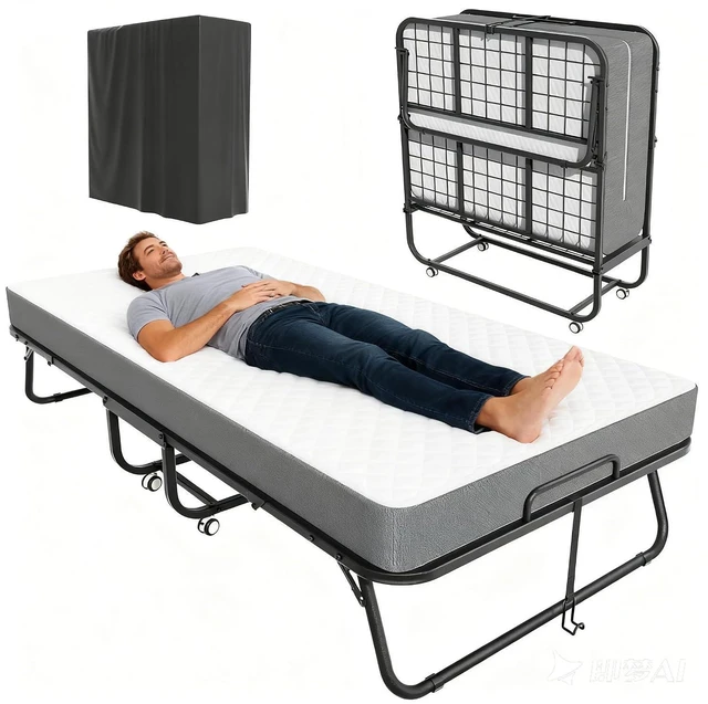 Main image of Folding Bed with Mattress, Twin Foldable Bed, Roll Away Beds for Adults, 75" x 31" Roll Away Portable Beds with 5" Mattress, Folded Frame for Small Apartment, Guest Room