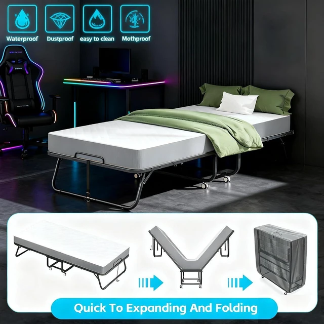 Alt view image 4 of 7 - Folding Bed with Mattress, Twin Foldable Bed, Roll Away Beds for Adults, 75" x 31" Roll Away Portable Beds with 5" Mattress, Folded Frame for Small Apartment, Guest Room