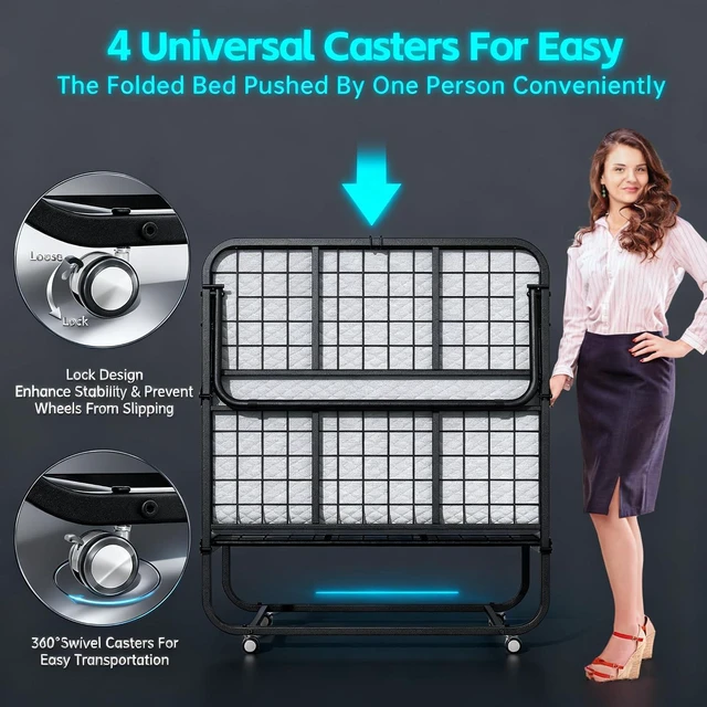 Alt view image 5 of 7 - Folding Bed with Mattress, Twin Foldable Bed, Roll Away Beds for Adults, 75" x 31" Roll Away Portable Beds with 5" Mattress, Folded Frame for Small Apartment, Guest Room