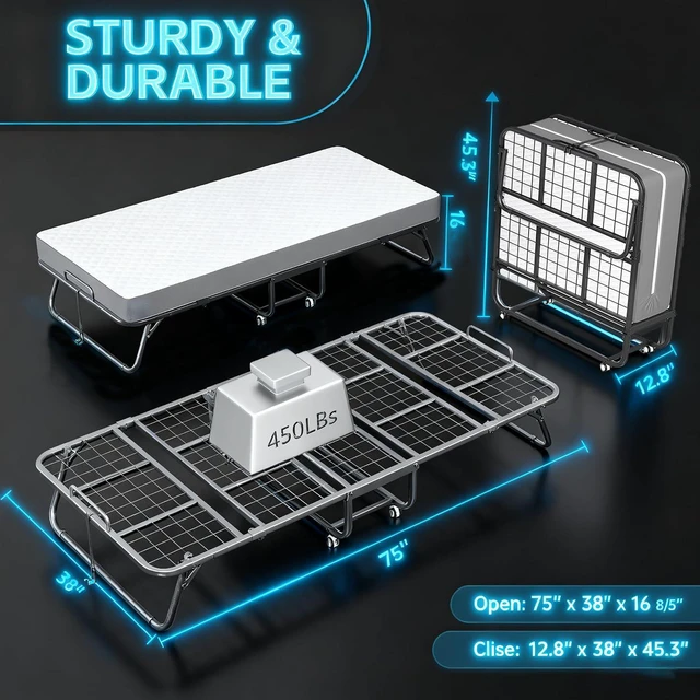 Alt view image 3 of 7 - Folding Bed with Mattress, Twin Foldable Bed, Roll Away Beds for Adults, 75" x 38" Roll Away Portable Beds with 5" Mattress, Folded Frame for Small Apartment, Guest Room